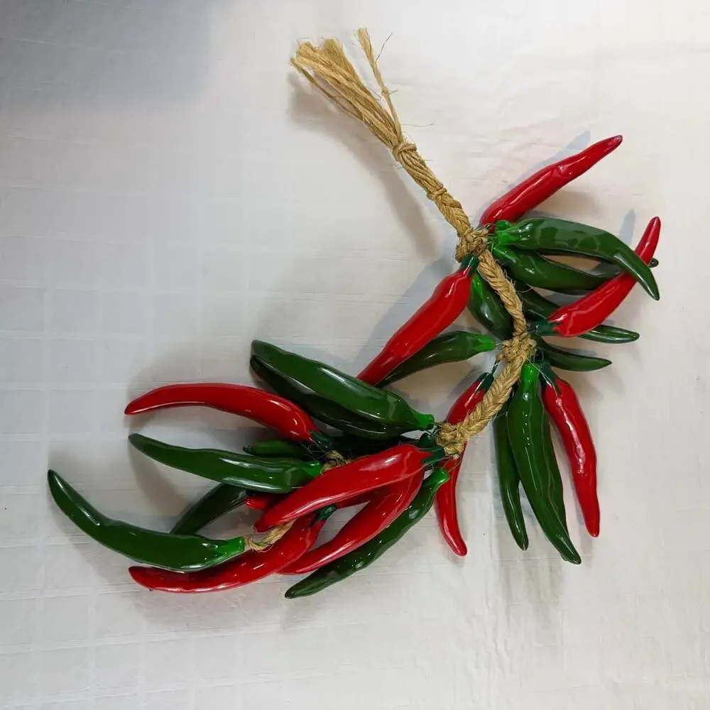 red & green ceramic chili pepper wall hanging glossy glazed on jute rope